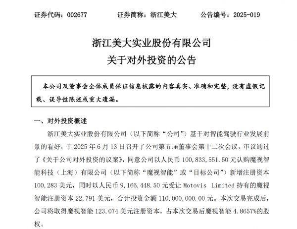 浙江美大投资魔视智能