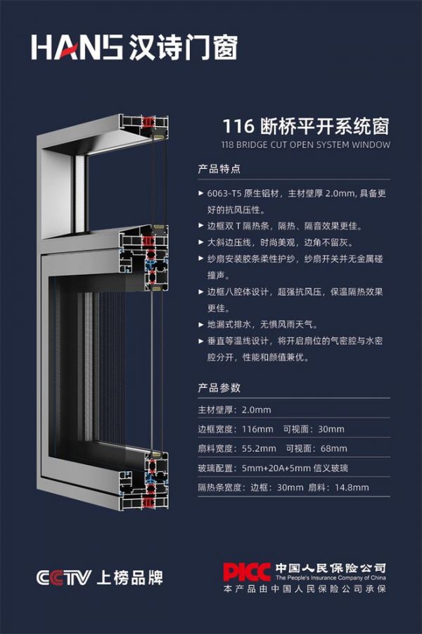 汉诗门窗116断桥平开系统窗抗风压性能图片