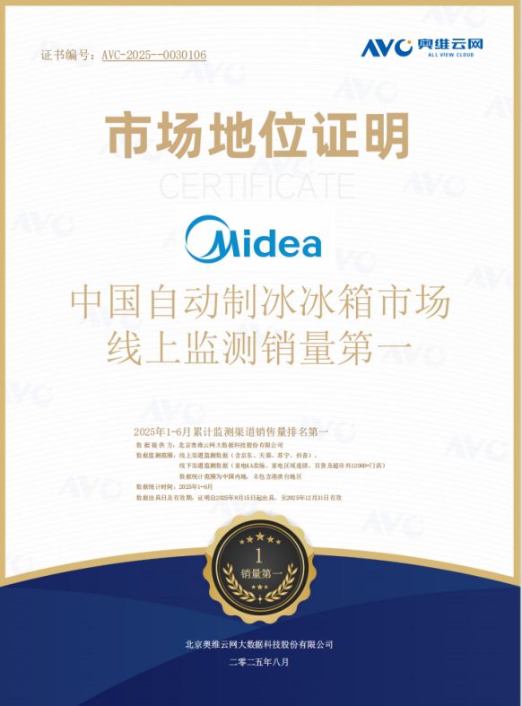 美的冰箱市场销量第一认证